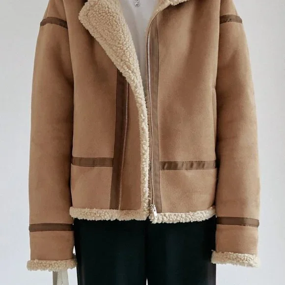 khaki zip up teddy lined coat casual streetwear fall winter - Picture 7 of 8